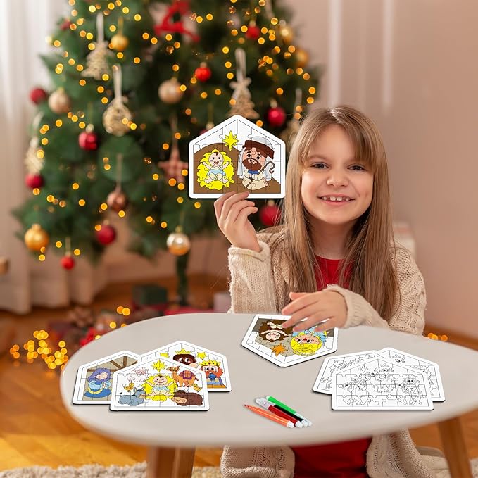 Cinrobiye 24 Pcs Christmas Nativity Coloring Puzzle Craft，DIY Jesus Religious Paper Crafts Make a Nativity Scene Sticker for Christian Holy Night Sunday School Church Classroom Holiday Art Project