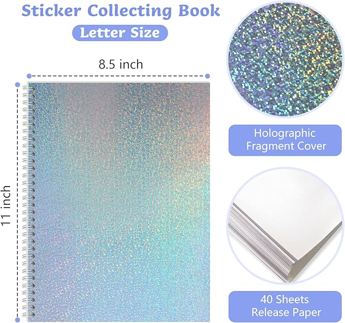 Large Reusable Sticker Book Collecting Album 8.5×11 Inch Sticker Storage Collection Organizer Book for Adult with 40 Sheets Letter Size Blank Release Paper and Holographic Cover (Dot)