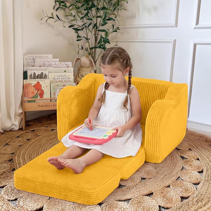 MeMoreCool Toddler Couch, 2-in-1 Corduroy Kids Couch Fold Out to Lounger, Comfy Toddler Chair for 1-3 Year Old, Soft Foam Kids Sofa with Washable Cover for Playroom and Bedroom, Mustard Yellow