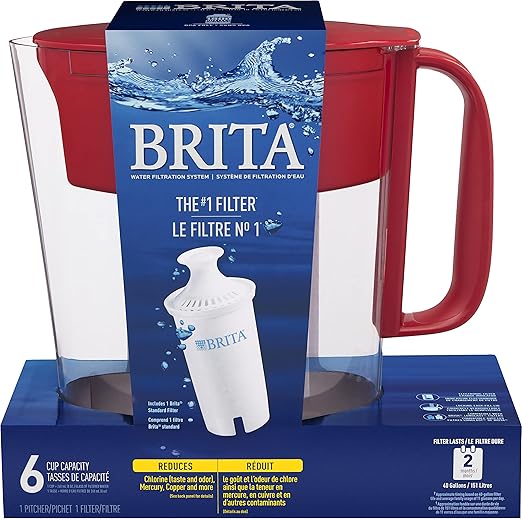 Brita Water Filter Pitcher for Tap and Drinking Water with 1 Standard Filter, Lasts 2 Months, 6-Cup Capacity, BPA Free, Red