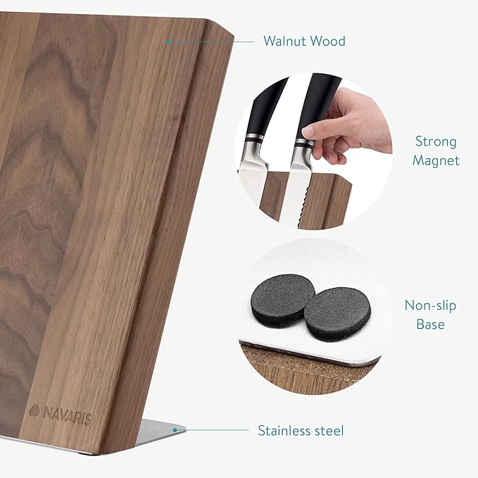 Navaris Wooden Magnetic Knife Holder - Universal Wood Magnetic Knife Block - Organizer for Knives Scissors Kitchen Cutlery - Walnut 10.9" x 10.8"