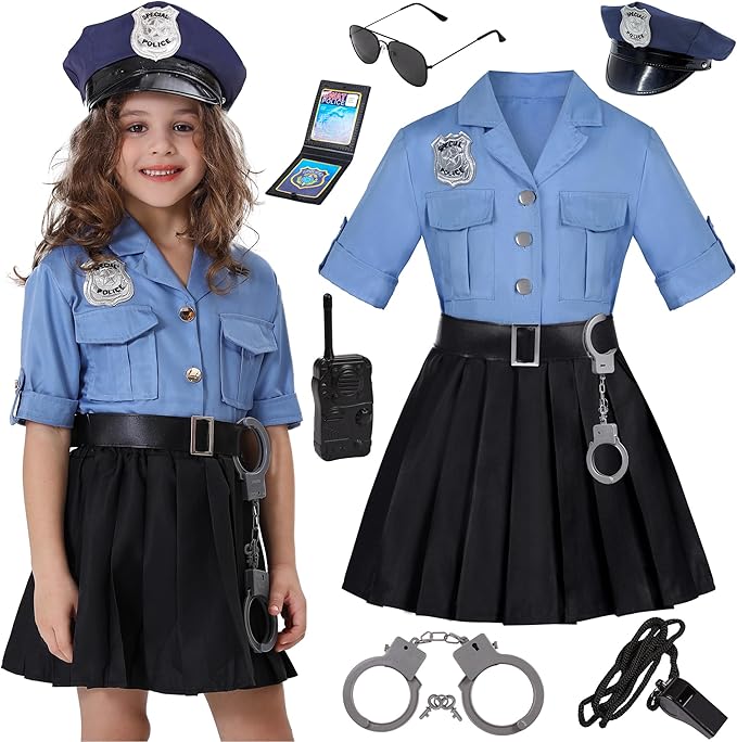 Girls Police Officer Costume Kids Cop Outfit for Halloween Party Dress Up