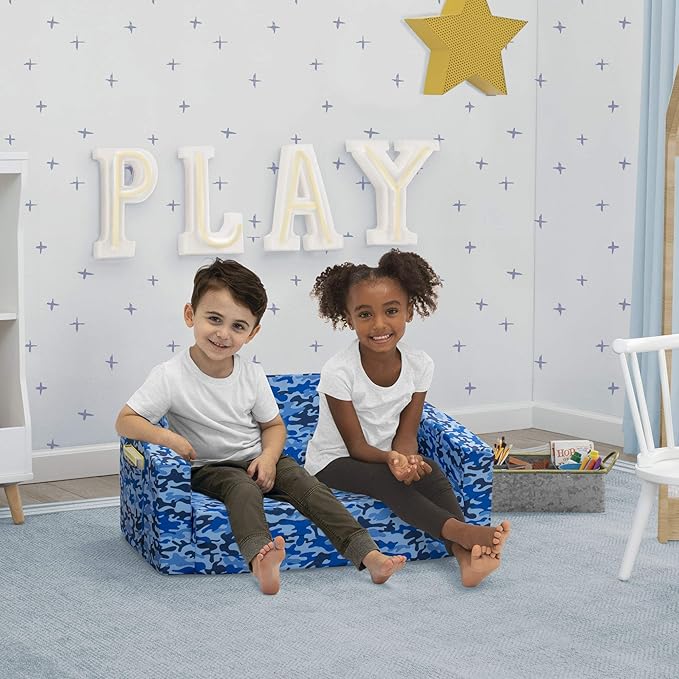 Delta Children Cozee 2-in-1 Sofa, 2-Seater Convertible Toddler Couch Sleeper, Wide 2-in-1 Flip Open Foam Chair for Playroom, Pet-Friendly, Bed Lounger, Comfy Play Sleeping Lounge Chair, Blue Camo