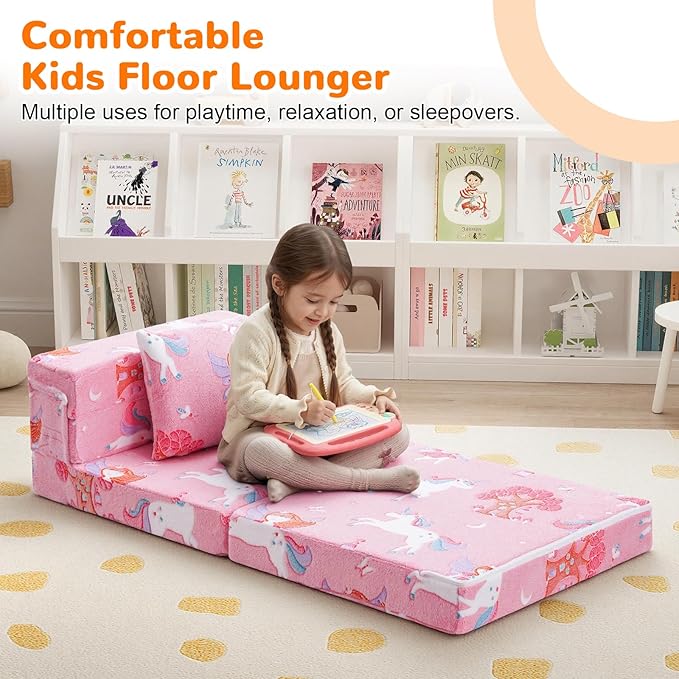 MeMoreCool Foldable Futon Chair Bed for Kids, Glow Tri-fold Sofa Bed Convertible Toddler Sofa Mattress, Foam Floor Couch for Sitting, Pink