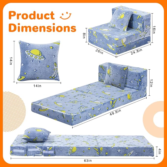 MeMoreCool Foldable Futon Chair Bed for Kids, Glow Tri-fold Sofa Bed Convertible Toddler Sofa Mattress, Foam Floor Couch for Sitting, Blue