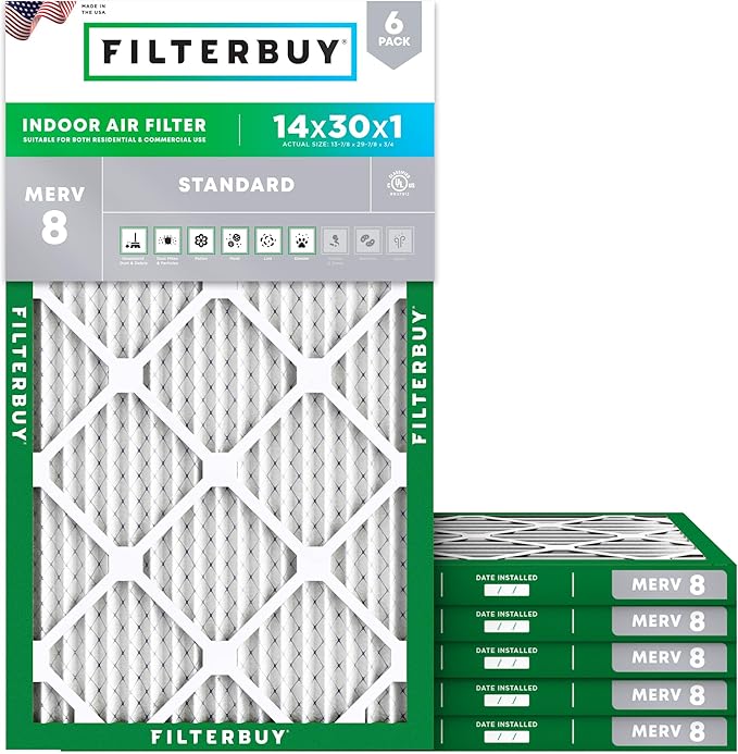 Filterbuy 14x30x1 Air Filter MERV 8 Essential Dust & Allergy Defense (6-Pack), Electrostatic Pleated HVAC AC Furnace Filters Replacement (Actual Size: 13.88 x 29.88 x 0.75)