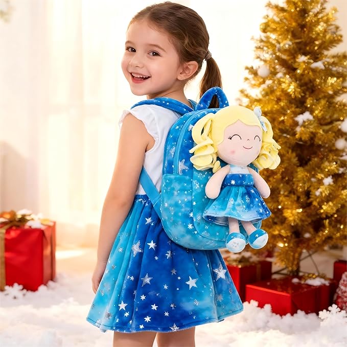 Gloveleya Toddler Backpack Baby Girl Gifts Plush Curly Girl Doll Backpacks Blue Dress with Glitter Stars 9 inches