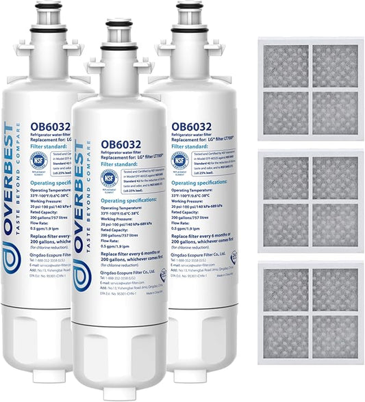 Overbest ADQ36006101 Replacement for LG® LT700P®, Kenmore 9690, 469690, ADQ36006102, LFXS30766S, RFC1200A, FML-3, RWF1200A Refrigerator Water Filter and LT120F® Air Filter, 3 Combo