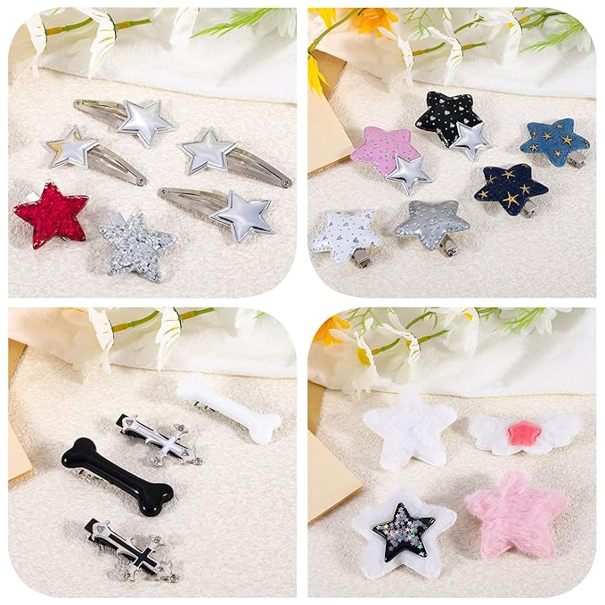 20Pcs Kawaii Star Hair Clips Y2k Hair Accessories Cute Star Hair Barrettes for Women Girls Large Snap Hair Clips Silver Goth Hair Clip Bone Cross Cowboy Plush Hair Clip Styling Tools Gifts