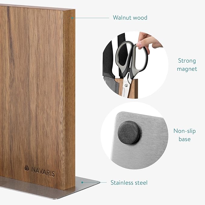 Navaris Magnetic Wooden Knife Block - Kitchen Storage with Strong Magnets for Knives & Utensils - Simple Modern Utensil Holder in Acacia Wood - 8.9" x 8.7"