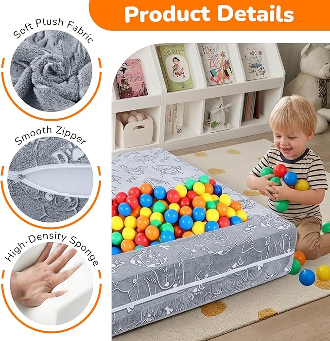 MeMoreCool Kids Sofa Couch, Glow-in-the-Dark Plush Cover, Convertible Foam Loveseat with Armrests & Pocket, Gray Dog Pattern, Playroom & Bedroom Children’s Furniture, 39" x 20" x 16"