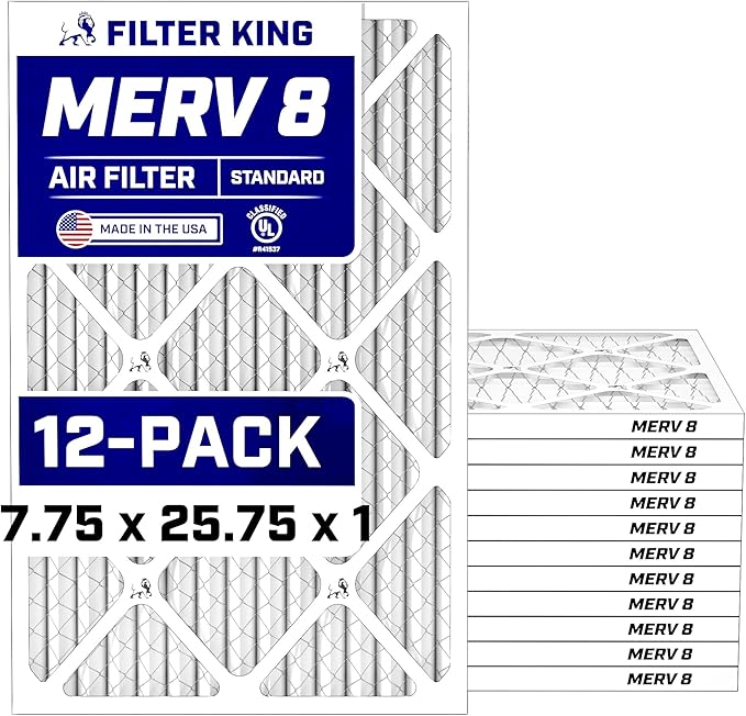 Filter King Air Filters 7.75x25.75x1 | 12 Pack | MERV 8 HVAC Pleated AC Furnace Filters | Air Purifier | Replacement Filters for Clean, Healthy & Fresh Environment | MADE IN USA