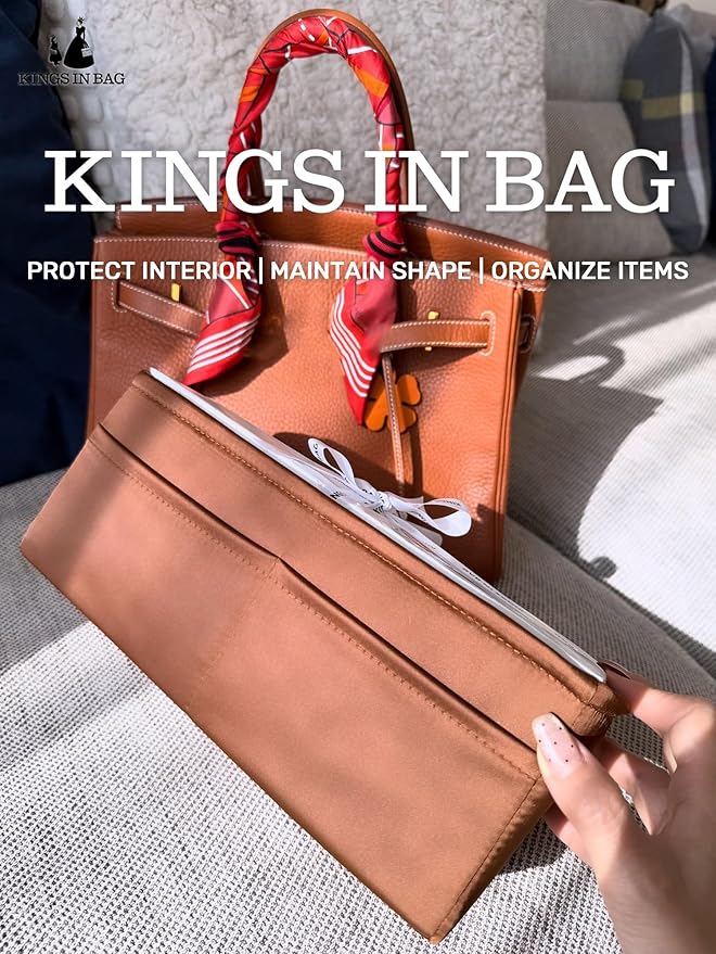 Purse Organizer Insert for Birkin 25, Lightweight & Soft Satin Organizer Insert with Pockets for Woman Bags, Ideal for Travel, Shopping, and Daily Use, Multicolor Options(Gold, BK25 Sellier)