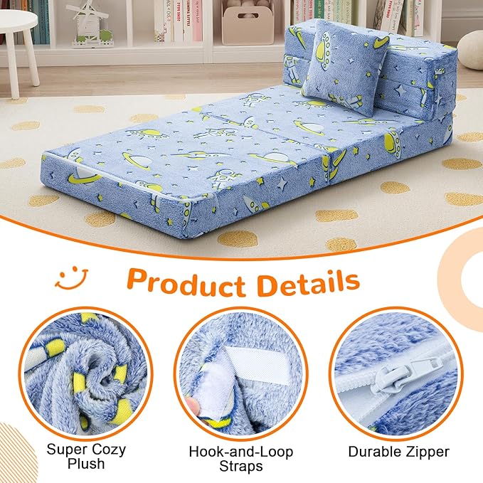 MeMoreCool Foldable Futon Chair Bed for Kids, Glow Tri-fold Sofa Bed Convertible Toddler Sofa Mattress, Foam Floor Couch for Sitting, Blue