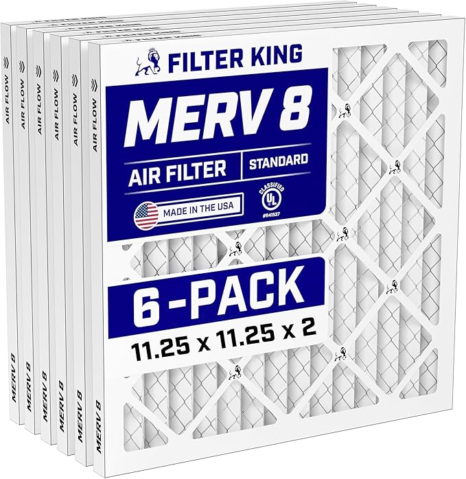 Filter King 11.25x11.25x2 Air Filter (MERV 8) (6-Pack) Dust & Allergy Control AC Furnace Filters, MADE IN USA, HVAC, Pleated, Electrostatic (Actual Size: 11.25 x 11.25 x 1.75)