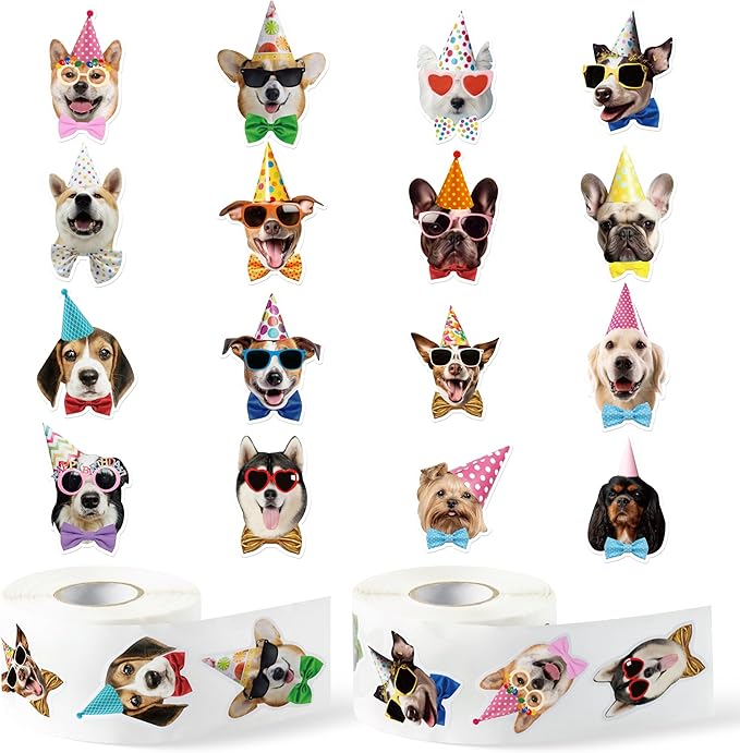 CNhoqc Puppy Birthday Sticker Rolls - 1000pcs Realistic Birthday Dog Hat Waterproof Vinyl Reusable Laptop Letter Stickers Self-Adhesive Scrapbook Water Bottle Greeting Cards Party Supplies Skateboard