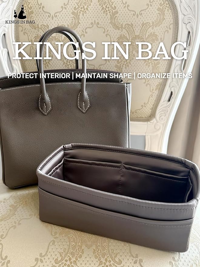 Purse Organizer Insert for Birkin 30, Lightweight & Soft Satin Organizer Insert with Pockets for Woman Bags, Ideal for Travel, Shopping, and Daily Use, Multicolor Options(Etoupe grey, BK30 Retourné)