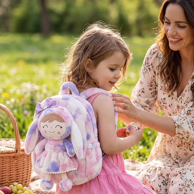 Gloveleya Back to School Gifts for Girls Backpack Plush Diaper Bag Detachabale Doll Tie-dye Purple and Soft Rabbit Design Aged 2+