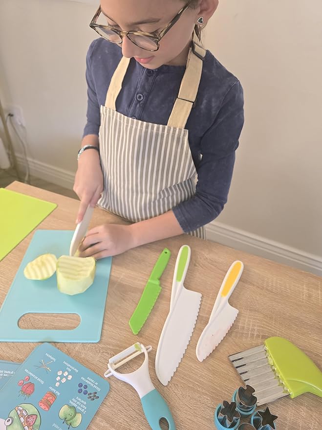 Toddler Safe Knife Set with Recipe Book - Includes Peeler, Cutting Board, and Chopper - Real Kitchen Tools for Kids Ages 4-12
