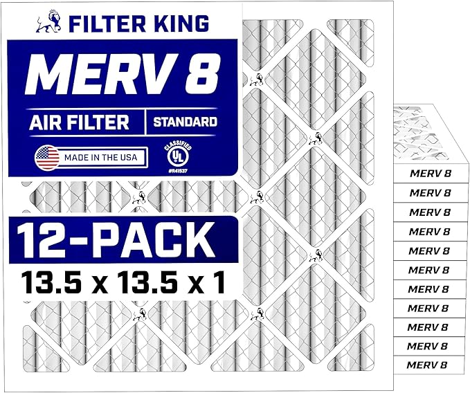 Filter King 13.5x13.5x1 Air Filter (MERV 8) (12-Pack) Dust & Allergy Control AC Furnace Filters, MADE IN USA, HVAC, Pleated, Electrostatic (Actual Size: 13.5 x 13.5 x .75)