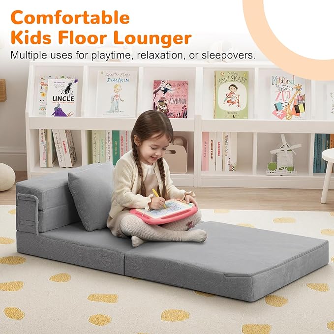 MeMoreCool Foldable Futon Chair Bed for Kids, Grey Tri-fold Convertible Toddler Sofa Mattress, Foam Floor Couch for Sitting