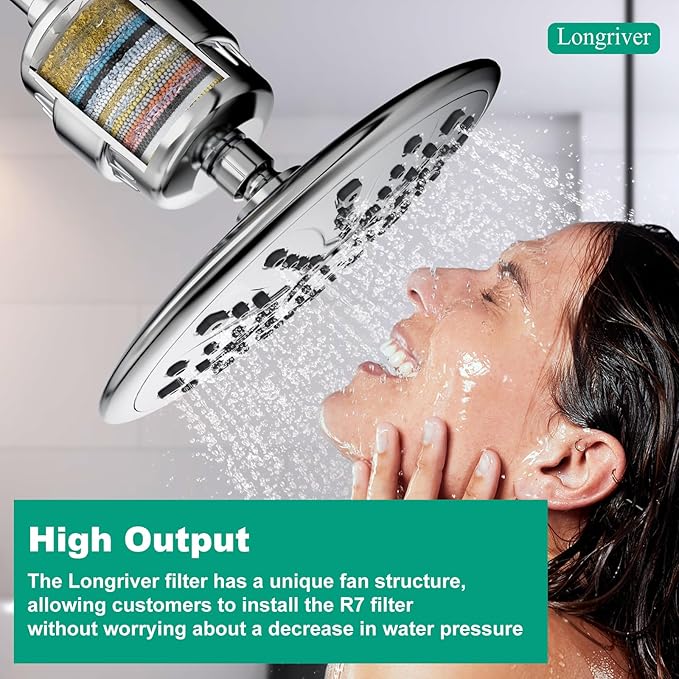 R7 Shower Filter with 5 Replacement Cartridge High Put Shower Water Filter for Hard Water 99.99% Remove Chlorine, Heavy Metals, Shower Water Softener, Improve your skin and hair, Chrome