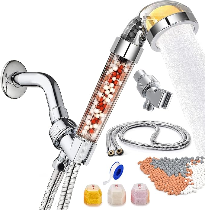 Vitamin C Filter Shower Head with Hose & 3 Replacement Balms - Handheld High Pressure Filtered Shower Head - Hard Water Softener with Citrus Smell for Dry Skin, Reduce Residual Impurities in Water