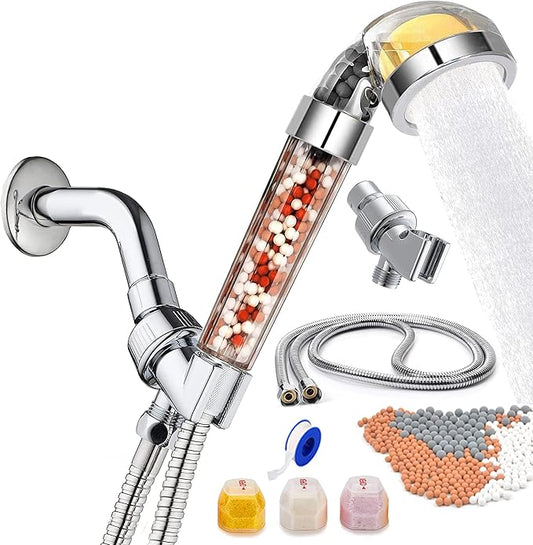 Vitamin C Filter Shower Head with Hose & 3 Replacement Balms - Handheld High Pressure Filtered Shower Head - Hard Water Softener with Citrus Smell for Dry Skin, Reduce Residual Impurities in Water