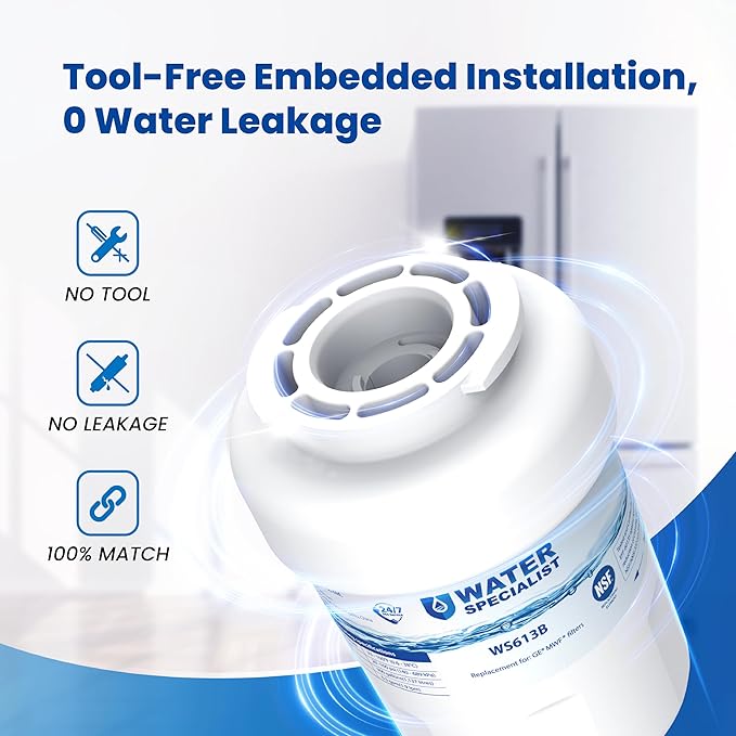 Waterspecialist WS613B Replacement for GE® MWF®, SmartWater® MWFP, MWFA, GWF, HDX FMG-1, WFC1201, GSE25GSHECSS, RWF1060 Refrigerator Water Filter4 Filters