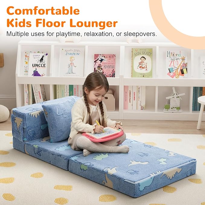 MeMoreCool Foldable Futon Chair Bed for Kids, Glow Tri-fold Sofa Bed Convertible Toddler Sofa Mattress, Foam Floor Couch for Sitting, Blue