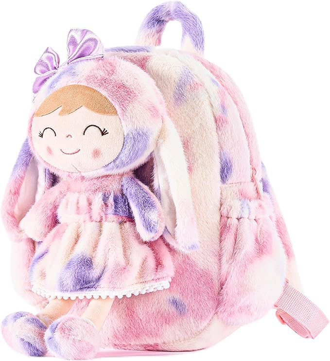 Gloveleya Back to School Gifts for Girls Backpack Plush Diaper Bag Detachabale Doll Tie-dye Purple and Soft Rabbit Design Aged 2+