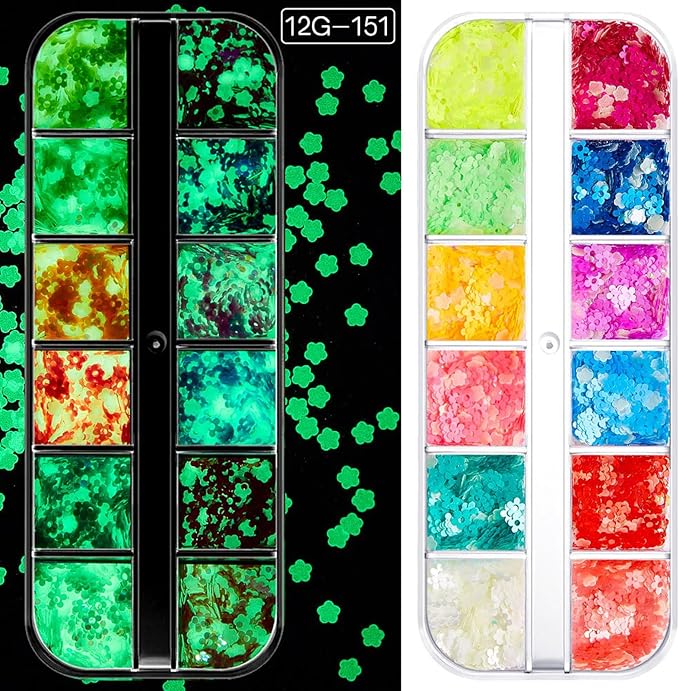 12 Grids Luminous Nail Art Glitter Powder, Glow in The Dark Nail Art Sequins with Pentagram Star Shape Designs, Night Holographic Fluorescent Nails Mix Pigment Supplies for Women Glow Decorations