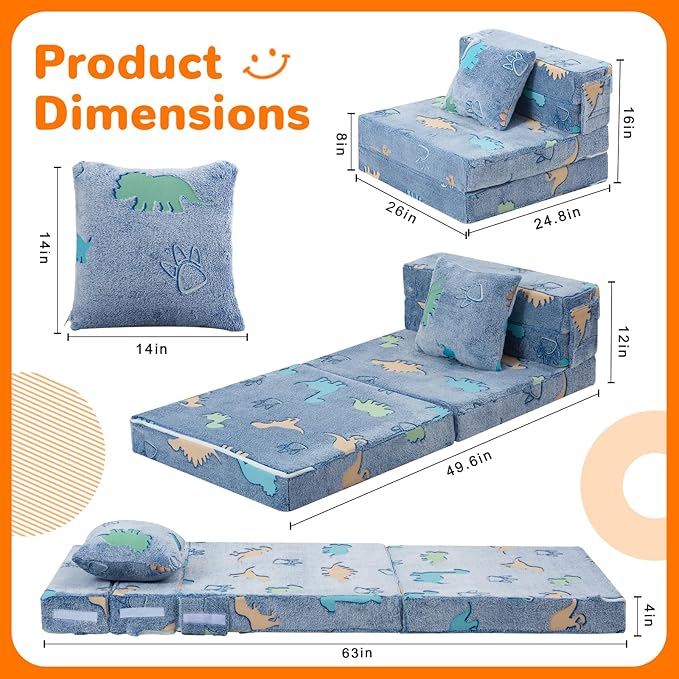 MeMoreCool Foldable Futon Chair Bed for Kids, Glow Tri-fold Sofa Bed Convertible Toddler Sofa Mattress, Foam Floor Couch for Sitting, Blue