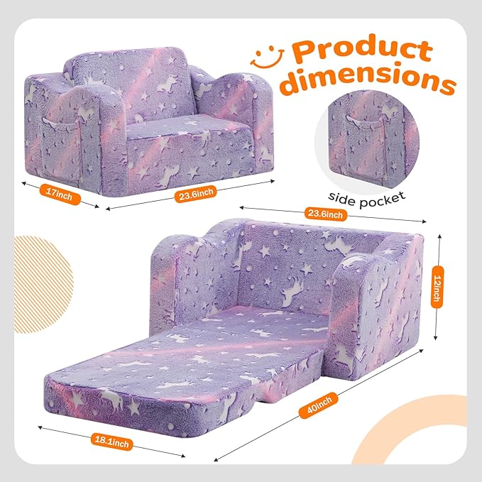 MeMoreCool Glowing Lavender Unicorn Kids Chair, 2-in-1 Convertible Kids Couch with Glow-in-the-Dark Purple Unicorn Design, Fold-Out Foam Sofa for Girls Ages 1-3, Washable Cover, Playroom Lounger | Reading, Relaxing