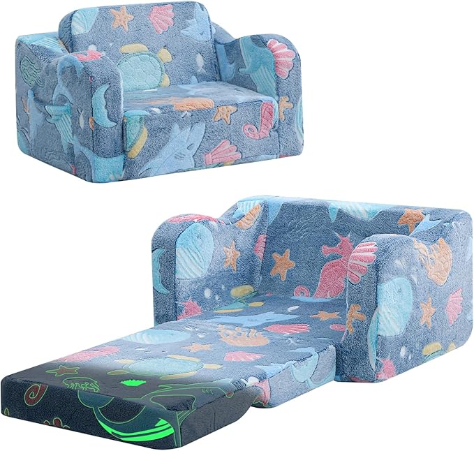 MeMoreCool Glowing Ocean Kids Chair - Glow-in-the-Dark 2-in-1 Kids Couch Fold Out to Lounger, Sea Life Foam Sofa with Seahorse Starfish Shell Print, Washable Cover for Ages 1-3 | Reading, Relaxing