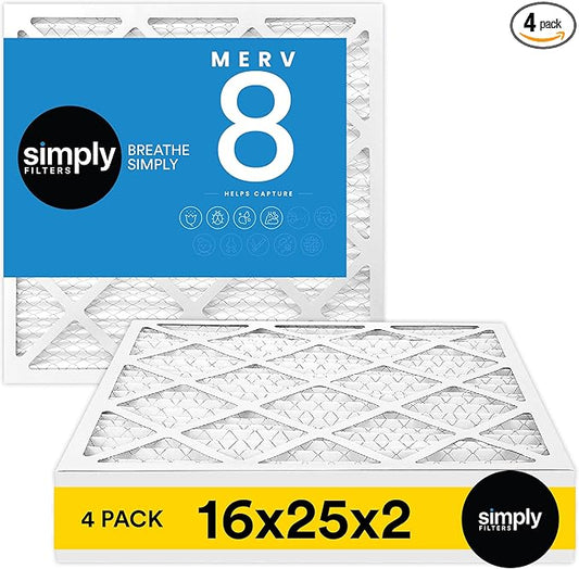 Simply 16x25x2 Air Filter, MERV 8, 4 Pack, Furnace Air Filter for HVAC (Actual Size:15.5"x24.5"x1.75") DUST, Pet, & Allergy Control