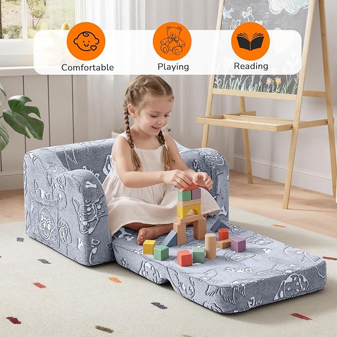 MeMoreCool Glowing Dog Print Kids Chair, 2-in-1 Foldable Kids Couch with Glow-in-the-Dark Design, Convertible Fold-Out Sofa Lounger for Playroom and Nursery, Washable Cover, Gift for Boys and Girls | Reading, Relaxing