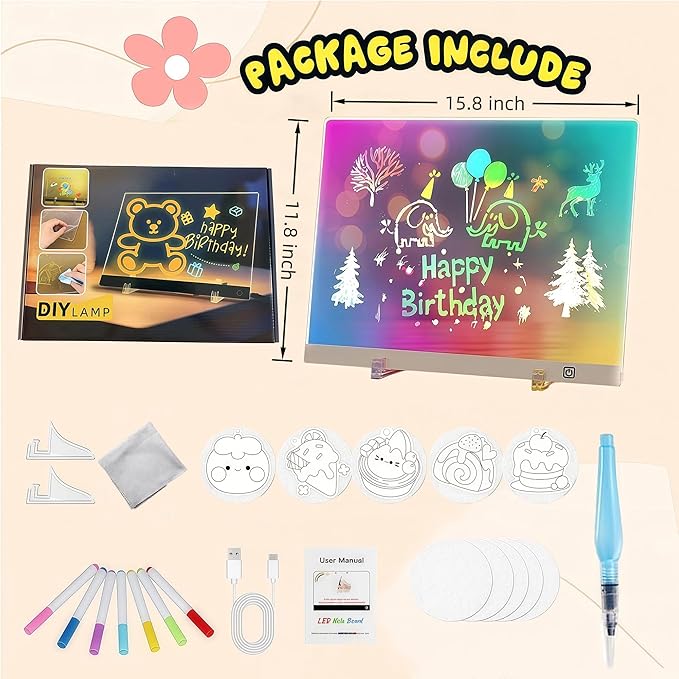 LED Drawing Board, Glow Acrylic Dry Erase Message Board with Light, 7 Colors & 4 Modes with Stand, Night Light for Room, Get Extra 7 Markers & 10pcs 3D Magic Puffy Paint Kit (15.8'' x 11.8'')