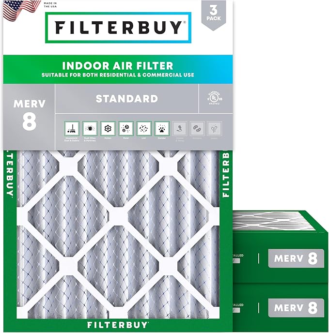Filterbuy 24x25x4 Air Filter MERV 8 Essential Dust & Allergy Defense (3-Pack), Electrostatic Pleated HVAC AC Furnace Filters Replacement (Actual Size: 23.75 x 24.75 x 3.63)