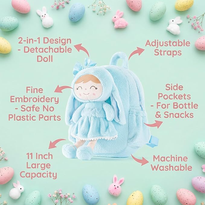 Gloveleya Back to School Gifts for Girls Toddler Backpack Kids Backpack Baby Girl Gift Plush Bag with Pure Blue Rabbit Doll Aged 2+