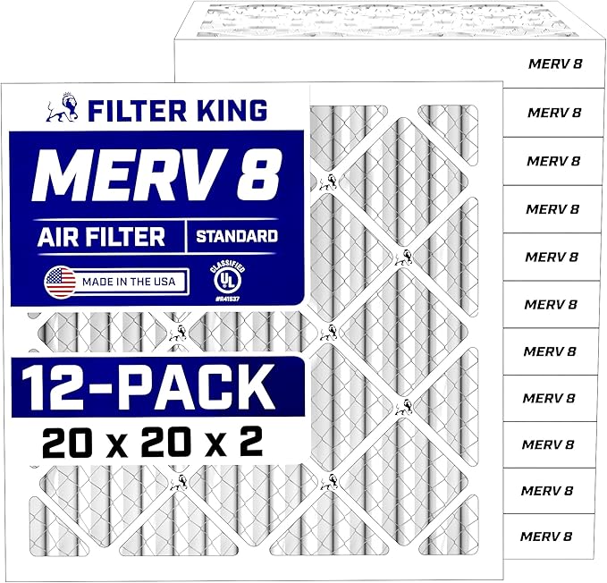 Filter King 20x20x2 Air Filter (MERV 8) (12-Pack) Dust & Allergy Control AC Furnace Filters, MADE IN USA, HVAC, Pleated, Electrostatic (Actual Size: 19.5 x 19.5 x 1.75)