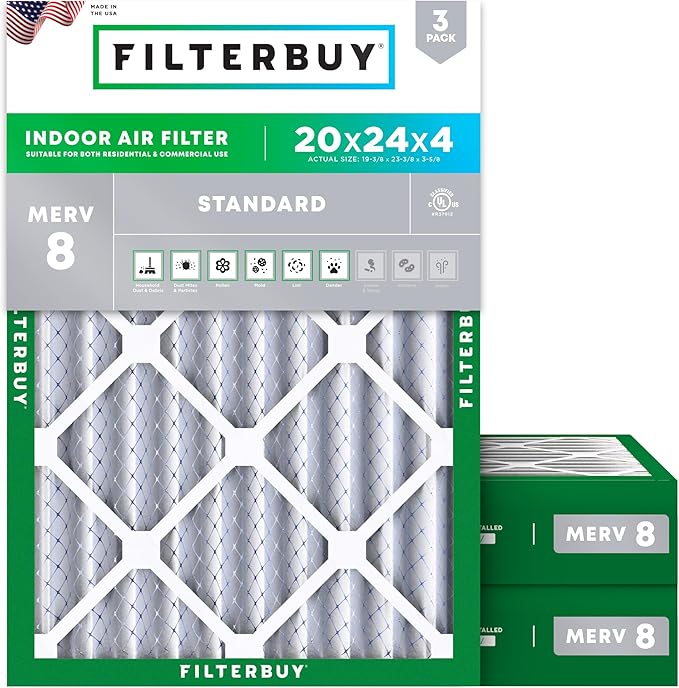 Filterbuy 20x24x4 Air Filter MERV 8 Essential Dust & Allergy Defense (3-Pack), Electrostatic Pleated HVAC AC Furnace Filters Replacement (Actual Size: 19.38 x 23.38 x 3.63)