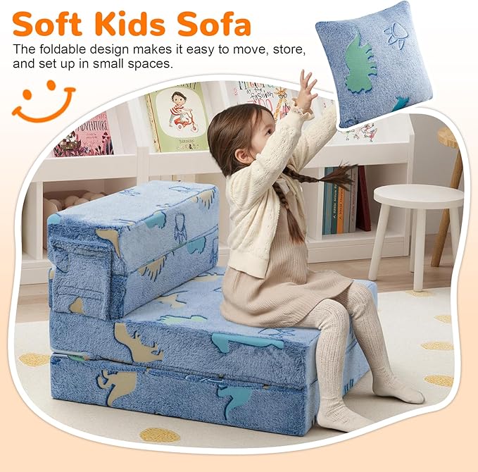 MeMoreCool Foldable Futon Chair Bed for Kids, Glow Tri-fold Sofa Bed Convertible Toddler Sofa Mattress, Foam Floor Couch for Sitting, Blue