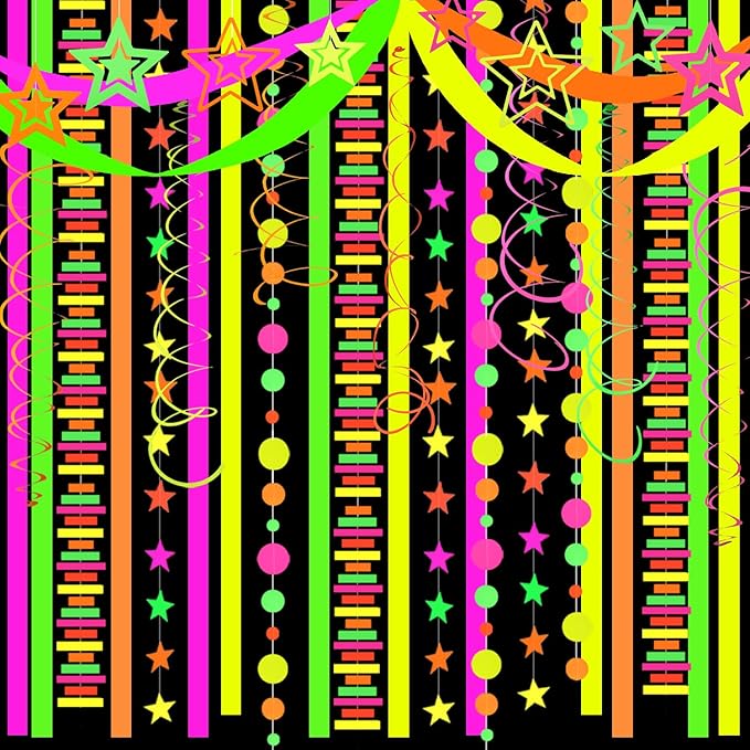 60feet UV Neon Streamers Glow Garland Stripe Hanging Glow in The Dark Party Decorations Blacklight Reactive Fluorescent Black Light Kit Neon Party Supplies for Birthday Wedding