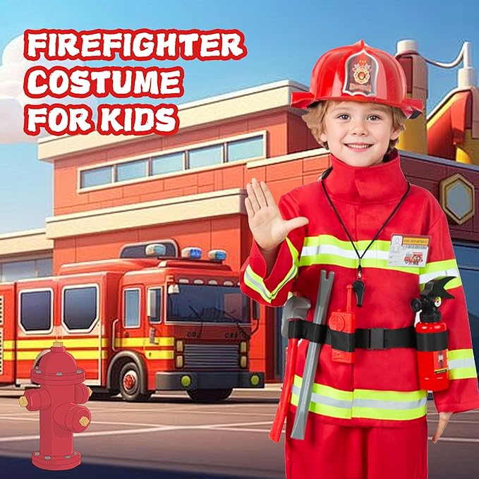 Breevo Firefighter Costume for Kids 2T-6, Halloween Fireman Costume for Boys Girls