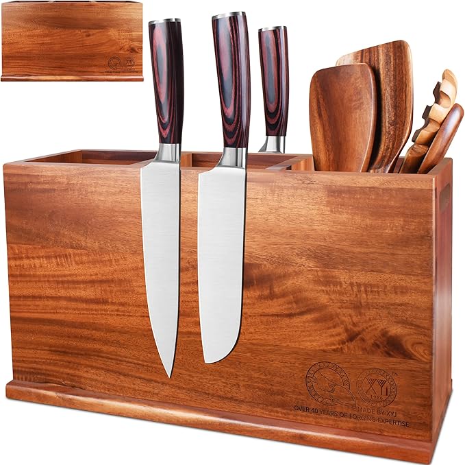 XYJ Acacia Wood Utensil Holder with Magnetic Exterior – 3-Compartment Organizer for Kitchen Tools, Spoons, Spatulas, Rustic Countertop Caddy, Magnetic Knife Block without Knives & Tools