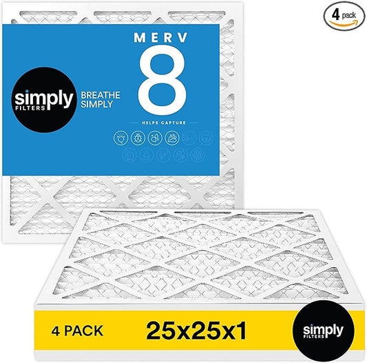 Simply 25x25x1 Air Filter, Merv 8, 4 Pack, For Home AC Furnace & HVAC (Actual Size: 24.75"x24.75"x0.75") DUST, Pet, & Allergy Control