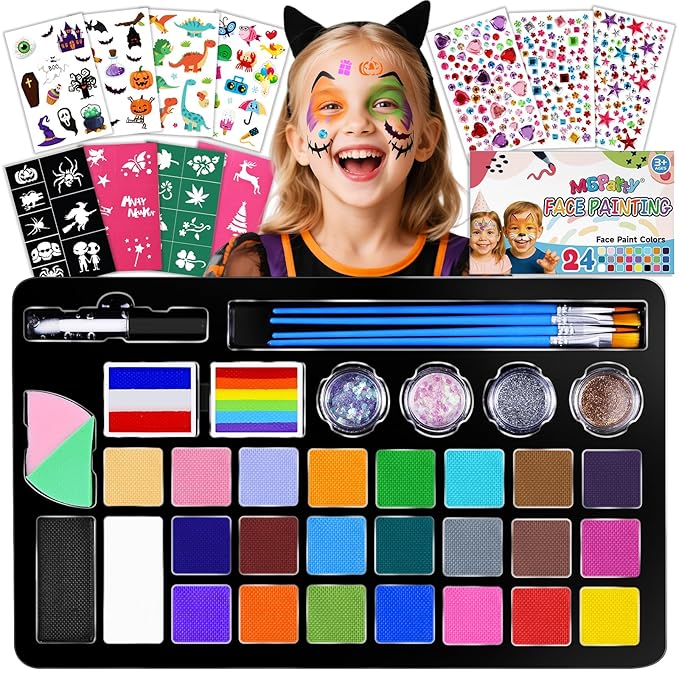 MGparty Face Painting Kit for Kids, 24 Colors Face Paint Set with Stencils, Glitter, Gem Stickers, Brushes,Tattoos, Non-Toxic Washable Face Paint for Halloween Birthday School Events