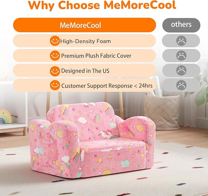 MeMoreCool Glowing Pink Rainbow Kids Chair, 2-in-1 Glow-in-the-Dark Kids Couch Fold Out Sofa for Girls, Comfy Plush Foam Recliner for Playroom Nursery, Washable Cover, Ages 1-3 | Reading, Lounging