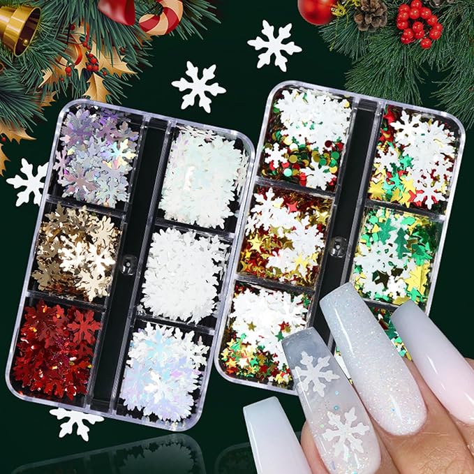 Christmas Nail Art Glitters Sequins, 4 Boxes Multicolor Holographic Lrregular Shapes Glitters Stickers Decals with Christmas Snowflake Letter Star Tree Designs for Manicure DIY Xmas Decorations